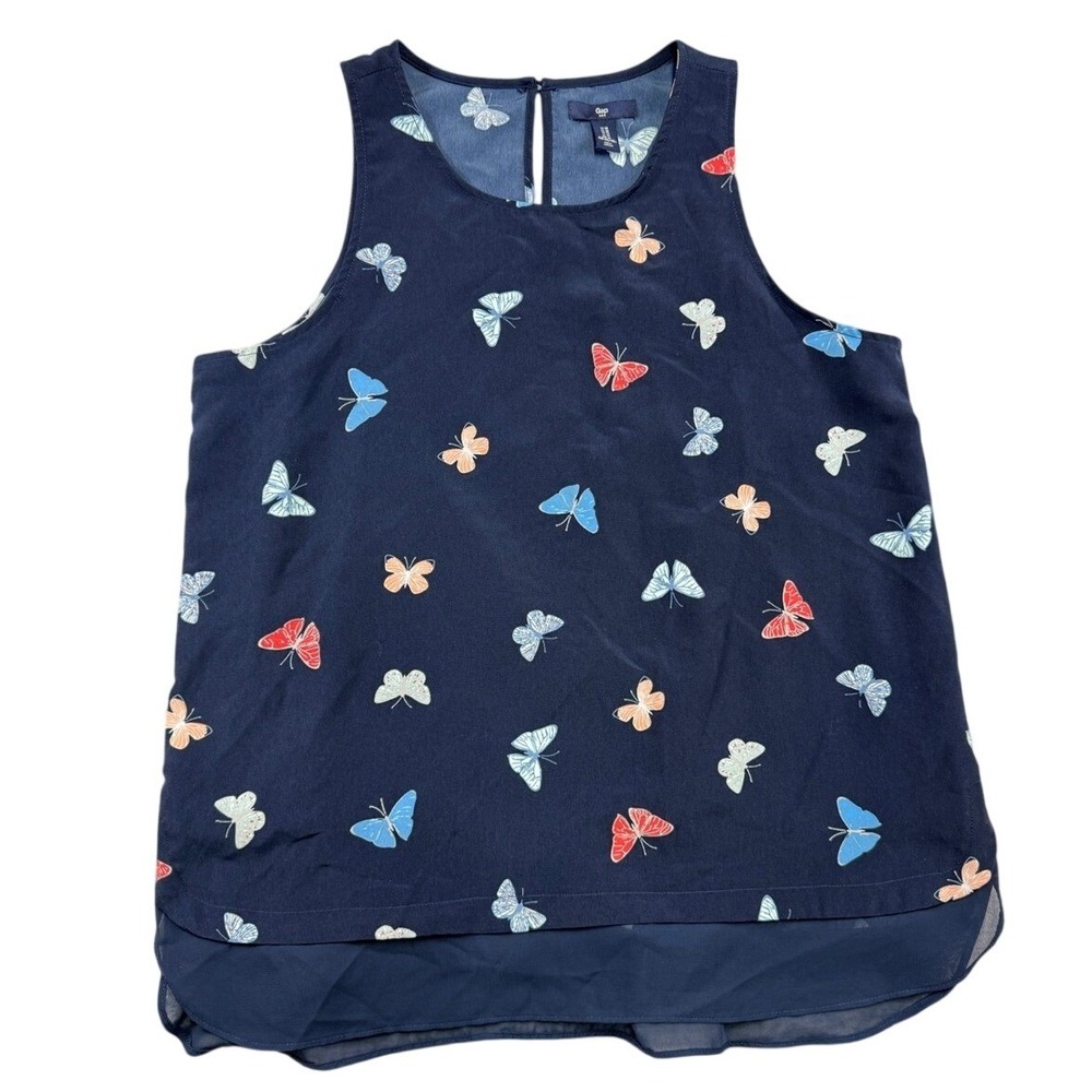 Gap Womens Medium Navy Blue Butterfly Print Sleeveless Chiffon Layered Blouse